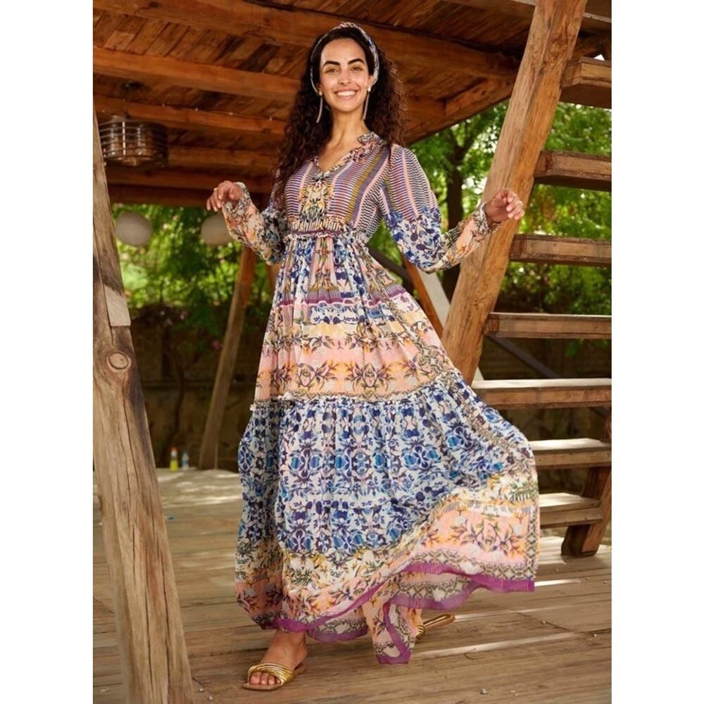 Bhanuni By Jyoti Anastasia Maxi Dress Anthropologie Boho Floral Sz 4 Fit flare